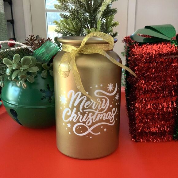 Gold Decorative Glass Seasons Greetings Jar With Bow - Picture 2 of 5